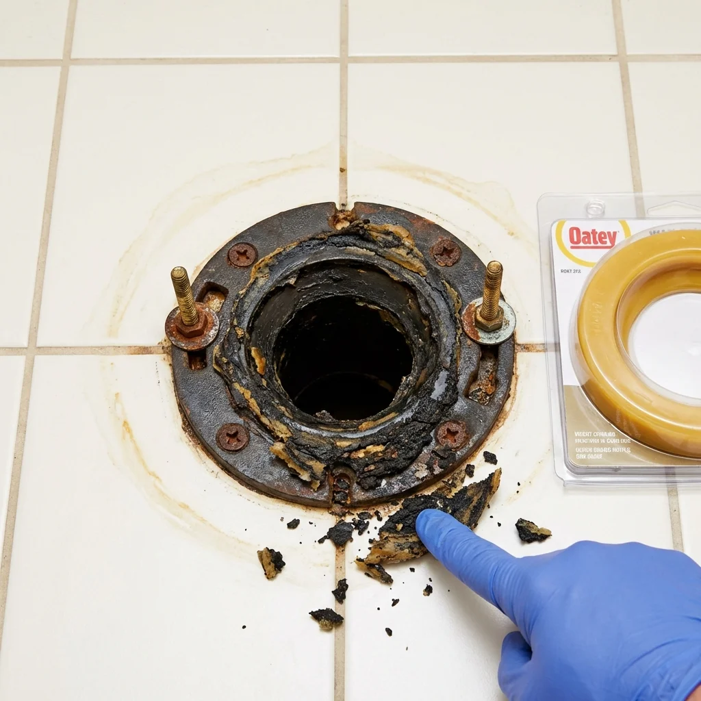 Failed wax ring showing water seepage at the base of a toilet in a Greensburg, LA home