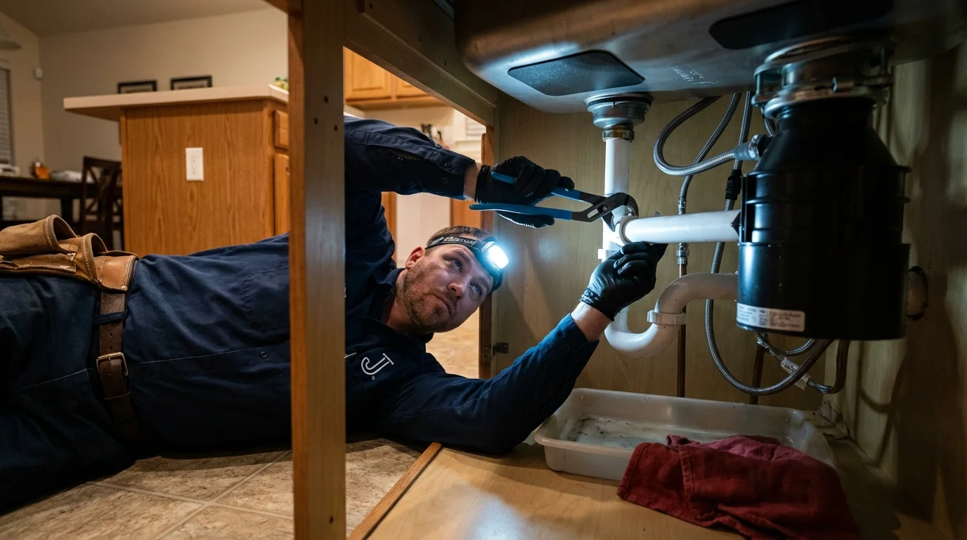 P-trap and supply line connections under a kitchen sink showing a common leak point in Greensburg, LA
